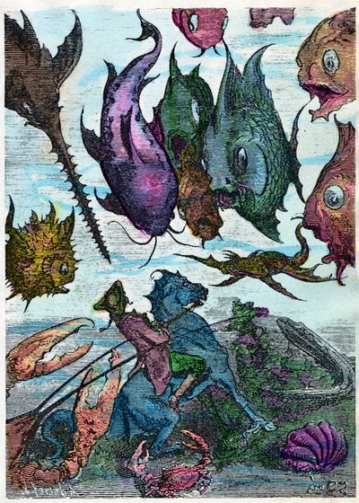 Baron na koniu przecina ryby na dnie morza. Scena z "Przygód barona de Munchausen (Munchhausen)" Rudolpha Ericha Raspe (1736 - 1794), ilustracja Gustave