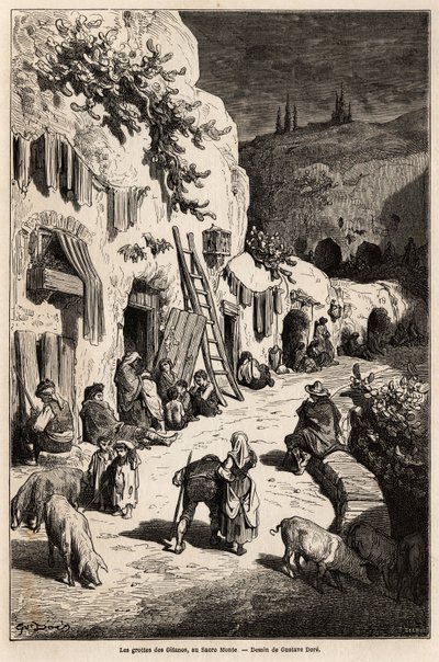 Jaskinie (podziemne domy) Cyganów w Sacro Monte w Granadzie. Rysunek Gustave