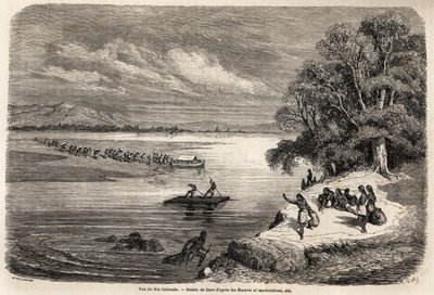 Przeprawa przez rzekę Kolorado tratwą w towarzystwie kilku Indian Mohaves, rysowanych przez Gustave Dore (1832-1883), dla zilustrowania rejsu Missisipi na Ocean Spokojny w latach 1853-54 przez Baudouina Mollhausena (1825-1905). Grawerowanie w „” Le tour du autorstwa Gustave Dore