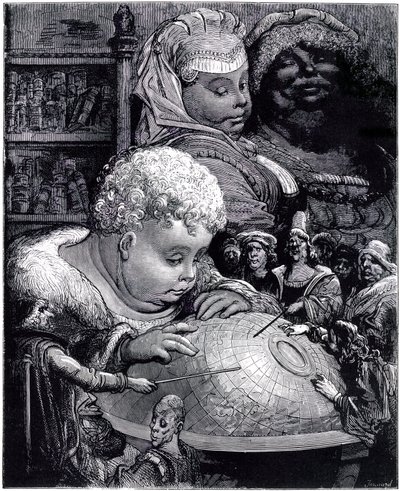 Edukacja Gargantui: olbrzym, dziecko, studiuje kulę ziemską ze swoimi nauczycielami pod okiem rodziców autorstwa Gustave Dore