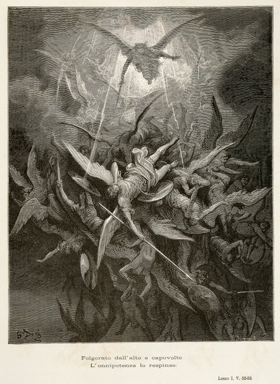 Upadek aniołów, scena z Raju utraconego Johna Miltona (1608-1674), ilustracja Gustave Dore (1832-1883) autorstwa Gustave Dore