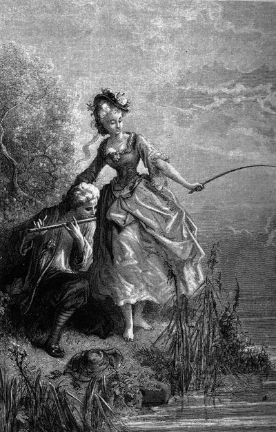 Ryba i pasterz grający na flecie. Dźwięk fletu służy jako przynęta. Bajki Jeana de La Fontaine (1621-1695). Ilustracja autorstwa Gustave