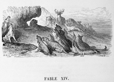 Pogrzeb lwicy - w „Bajkach” de La Fontaine, il. przez Doré autorstwa Gustave Dore
