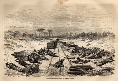 Godzina odpoczynku w Argamasilla, liczni kolejarze leżący na torach, odpoczywają w pełnym słońcu. Grawer ilustrujący podróż do Hiszpanii autorstwa Gustave Dore (1832-1883) ilustratora i barona Ch. Reaktor Davillier, w 1862 r., opublikowany w „Le tour du mo autorstwa Gustave Dore