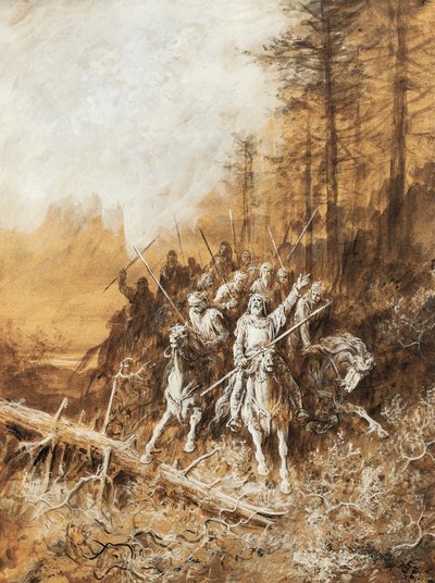 Pochód rycerzy, ilustracja do cyklu wierszy Idylle królewskie Alberta Tennysona (1809-1892), akwarela Gustave