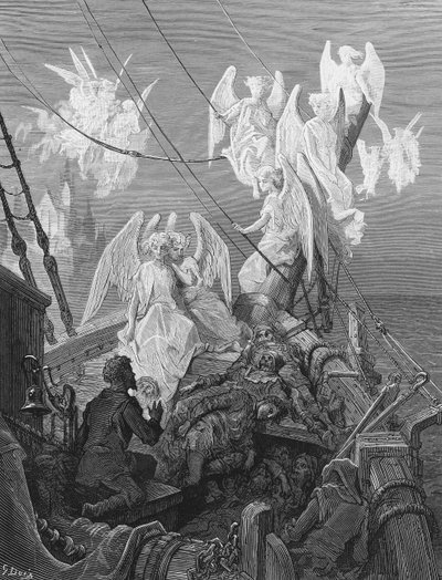 Żeglarz widzi bandę anielskich duchów, scena z „Szronu starożytnego marynarza” S.T. Coleridge, wyd. Harper und Brothers, Nowy Jork, 1876 (drewno) autorstwa Gustave Dore