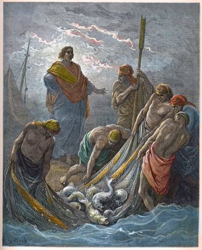Cudowny połów ryb - Cudowne wędkowanie - - Grawerowanie w „The Bible illustree” Gustave