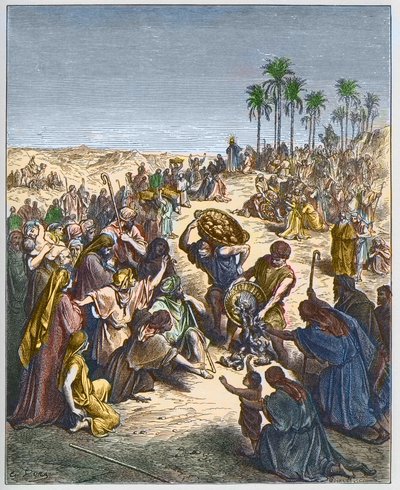 Rozmnażanie chleba - Chrystus karmiący rzesze (Obfitość Chleba Chrześcijaństwo Grawerowanie Ryb) - grawerowanie w „The Bible illustree” Gustave