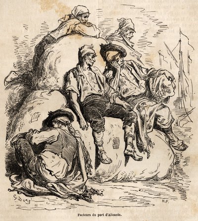 Drzemka przewoźników portu w Alicante, szkic wykonany na ożywionym Gustave Dore (1832-1883), ilustrujący jego podróż do Hiszpanii w 1862 r. z Ch. Davilliera. Grawerowanie w „”Le tour du monde””, pod redakcją Edouarda Chartona autorstwa Gustave Dore