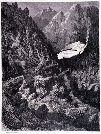 Starzec trzymający torebkę i laskę spacerujący po nieprzyjaznym krajobrazie jest zwieńczony przez anioła machającego ogniem, Tablica VII - Ilustracja Gustave Dore (1832-1883), dla La legende du Jew Wandering Pierre Dupont, Edition Librairie du magasin p autorstwa Gustave Dore