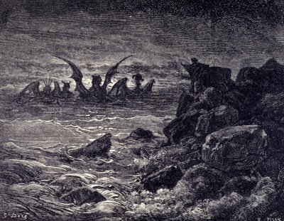 Prorok Daniel widzi pojawiające się potwory: Haniel, Kafziel, Azriel, Aniel. Grawerowanie z Biblii zilustrowane przez Gustave Dore. 19 wiek autorstwa Gustave Dore