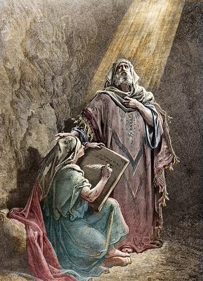 Prorok Jeremie dyktujący swoje proroctwa Baruchowi - grawerunek Colorisee autorstwa Pannemacker, z Biblii Gustawa Dore