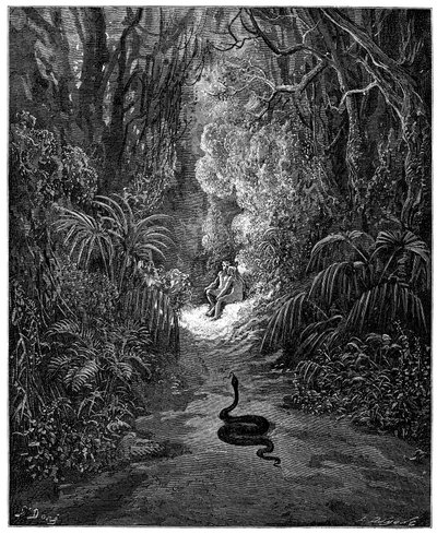 Wąż zmierza do Adama i Ewy. Ilustracja Gustave