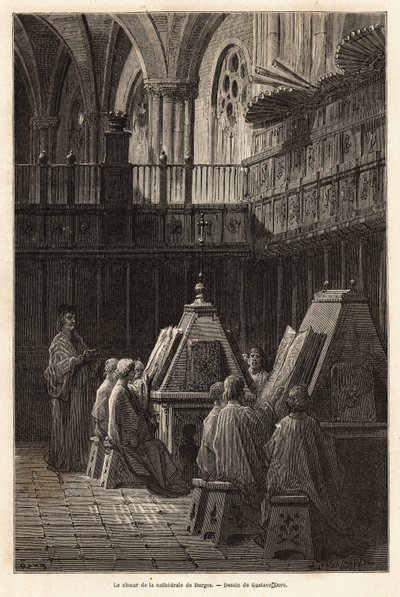 Studium psalmów przez chór z Cathedrale Santa Maria de Burgos (XV w.), którego boska służba wyróżnia się tym, że od XVII wieku jest tam śpiewana przez pięć różnych chórów. Rysunek Gustave Dore (1832-1883). Grawerowanie chorym autorstwa Gustave Dore