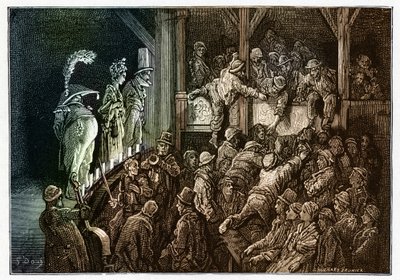 Teatr: publiczność podczas przedstawienia teatralnego. Kolorowa rycina z "Londyn, pielgrzymka" ilustrowana przez Gustave