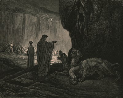 Potem mój przewodnik, jego dłonie rozciągające się na ziemi, c1890. autorstwa Gustave Dore