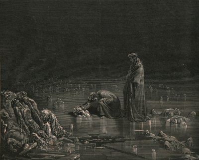 Potem chwyciłem jego tylną skórę głowy i zawołałem: Imię ciebie, bo włos nie zostanie tu, ok. 1890 r. autorstwa Gustave Dore