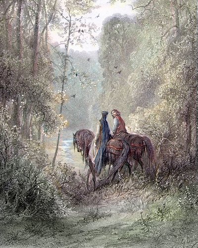 Zgubili się pod gajami, które wydawały się rajem kwiatów (Guenièvre i Lancelot) - w „Guenièvre” Alfreda Tennysona, chor. Gustave Doré Paris, Librairie Hachette et Cie autorstwa Gustave Dore