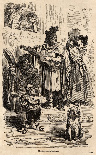 Podróżujący muzycy po Walencji, rysunek Gustave Dore (1832-1883), ilustrujący jego podróż do Hiszpanii z C.Davillierem w 1862 r. Grawer w „”Le tour du monde””, pod redakcją Edouarda Chartona autorstwa Gustave Dore