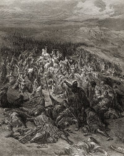 Dwieście rycerzy atakuje dwadzieścia tysięcy Saracenów, ilustracja z „Bibliotheque des Croisades” J-F. Michaud, 1877 r. autorstwa Gustave Dore