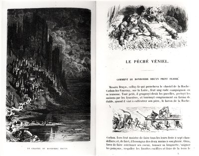 Dwie ilustrowane strony z „Les Contes Drolatiques” Honore de Balzac (1799-1850) rytowane przez Heliodore Joseph Pisan (1822-90) autorstwa Gustave Dore