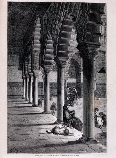 Widok na duże patio Alcazaru w Sewilli - autorstwa Doré, w „Tour du Monde”, II sem. 1866. autorstwa Gustave Dore