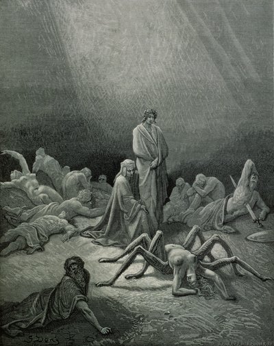 Wergiliusz (70-19 p.n.e.) i Dante patrzący na kobietę-pająka, ilustracja z "Boskiej komedii" (Inferno) Dantego Alighieri (1265-1321), Paryż, wyd. 1885 r. autorstwa Gustave Dore
