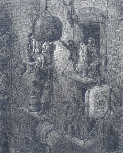 Magazyny w mieście Londyn. Z Gustave Dore i Blanchard Jerrold London: A Pilgrimage London 1872. autorstwa Gustave Dore