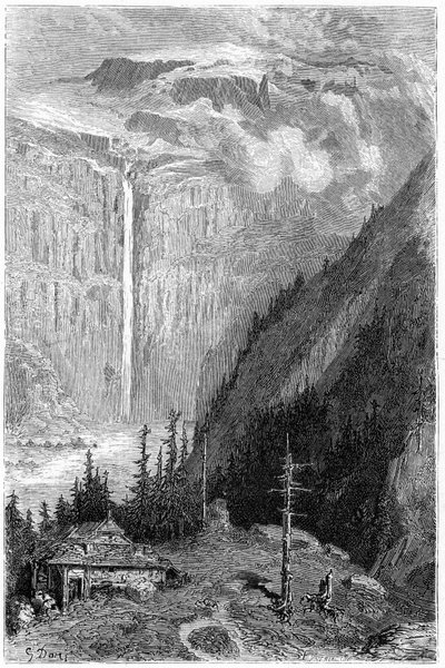 Wodospad Cirque de Gavarnie widziany z gospody: rycina Gustave