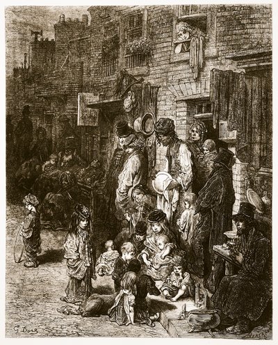 Wentworth Street – Whitechapel, z „Londynu, pielgrzymka”, napisana przez Williama Blancharda Jerrolda (1826-84) i grawerowana przez A. Bertranda, wyd. 1872 (grawerowanie) autorstwa Gustave Dore