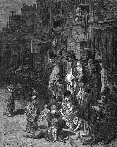 "Wentworth Street, Whitechapel", biedna żydowska dzielnica miasta: Z Gustave Dore i Blanchard Jerrold London: A Pilgrimage London 1872. Drzeworyt autorstwa Gustave Dore