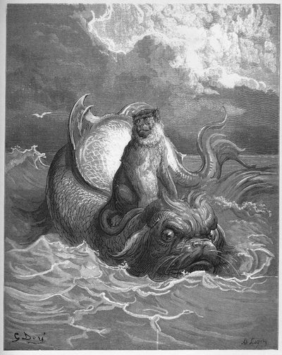 małpy i delfiny - z "Bajek" Jeana de La Fontaine autorstwa Gustave Dore