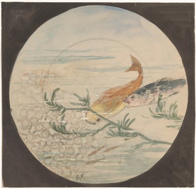 Projekt znaku z żółto-niebieską rybą spływającą w dół autorstwa Gustave Fraipont (signed by artist)