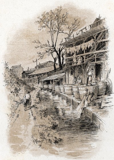 Megisseries przy rue du pot-au-lait w dzielnicy Pete Gentilly nad brzegiem Bievre w Paryżu (Widok na rzekę Bievre i stragany ze skórzanymi tawingami w dzielnicy Pete Gentilly, Paryż) Rysunek Gustave