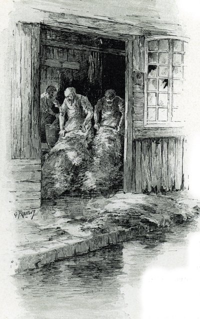 Megissiers de la rue des gobelins in Paris (Garbarze pracujący w skórach i skórach zwierzęcych na rue des Gobelins w Paryżu) Rysunek Gustave