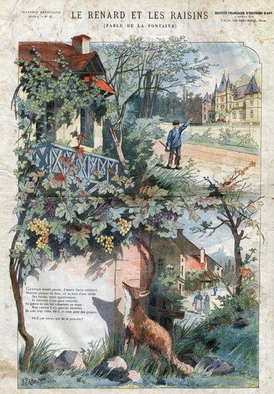Lis i winogrona. Bajki Jean de La Fontaine (1621-95).Ilustracja Gustave Fraipont (1849-1923). Prywatna kolekcja. autorstwa Gustave Fraipont