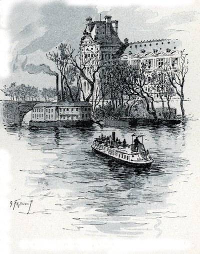 Widok na Pavillon de Flore, Palais du Louvre, z Quai Voltaire w Paryżu (Widok na sekcję Pavillon de Flore w Luwrze z Quai Voltaire, Paryż) Rysunek Gustave