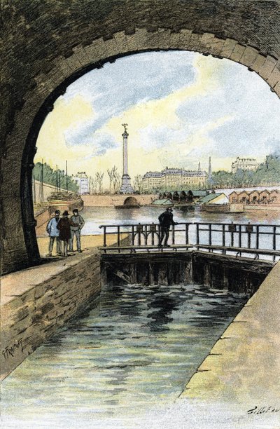 Widok śluzy Canal Saint Martin w Paryżu Rysunek Gustave Fraipont (1849-1923) z „La seine a travers Paris” Saint-Juirs autorstwa Gustave Fraipont