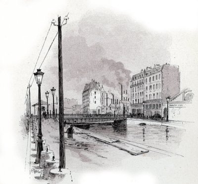 Vista da ponte suspensa do quai de Valmy no canal Saint Martin, Paris Desenho de Gustave Fraipont (1849-1923) de Saint-Juirspolish autorstwa Gustave Fraipont