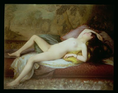 Akt leżący na szezlongu (olej na płótnie) autorstwa Gustave Henri Eugene Delhumeau