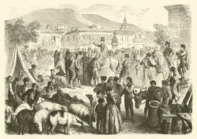Doroczny jarmark miasta Alcala, Hiszpania (grafika) autorstwa Gustave Janet