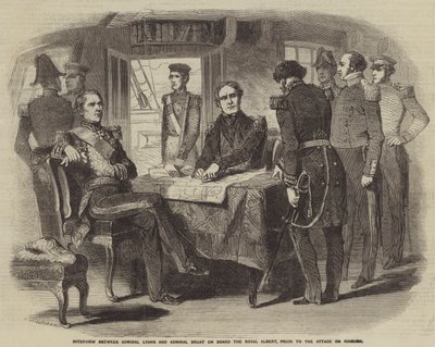 Wywiad między admirałem Lyonsem a admirałem Bruatem na pokładzie Royal Albert przed atakiem na Kinburn autorstwa Gustave Janet