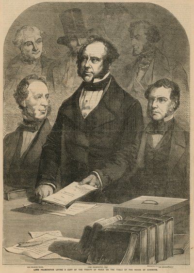 Lord Palmerston kładzie kopię traktatu pokojowego na stole w Izbie Gmin autorstwa Gustave Janet