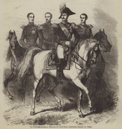 Cesarz Rosji Aleksander oraz wielcy książęta Konstantyn, Mikołaj i Michał autorstwa Gustave Janet
