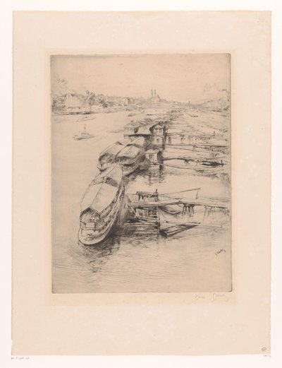 Zacumowane łodzie w Auteuil, Paryż Les bateaux Parisiens, Auteuil autorstwa Gustave Leheutre (signed by artist)