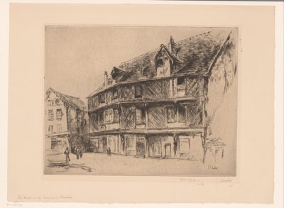 Ulica z domami i spacerowiczami w Chartres La maison du Saumon (Chartres) (tytuł na obiekcie) autorstwa Gustave Leheutre (signed by artist)