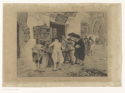 Mężczyźni zgromadzeni wokół księgarni Les Bibliophiles (tytuł na obiekcie) autorstwa Gustave Marie Greux