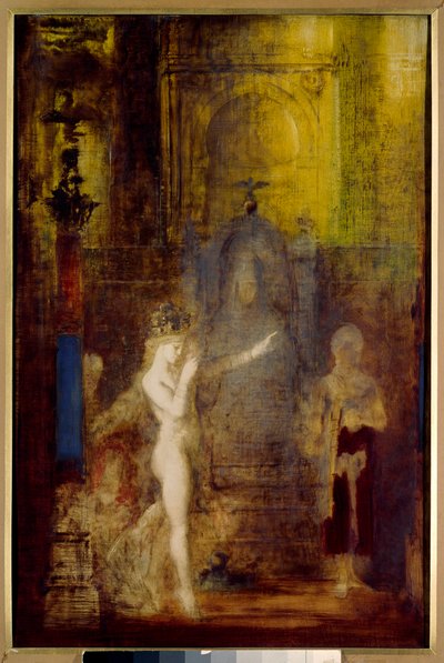 Salome tańczy przed Herodą Salome tańczy w sali bankietowej Heroda. Heroda siedząca na wysokim tronie jest zafascynowana pięknem maga. Obraz Gustave