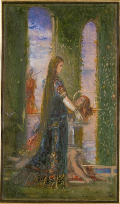 Salome w ogrodzie lub Salome niosąca głowę świętego Jana Chrzciciela (akwarela i gwasz na papierze) autorstwa Gustave Moreau