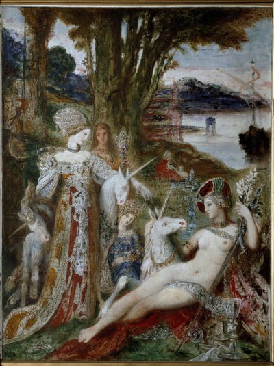 Jednorożce - olej na płótnie, ok. 1885 autorstwa Gustave Moreau